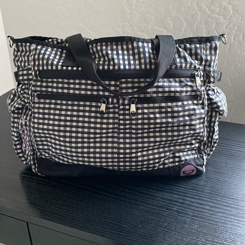 ROXY Tote Shoulder Bag Double Handle Black & Cream Gingham Lightweight